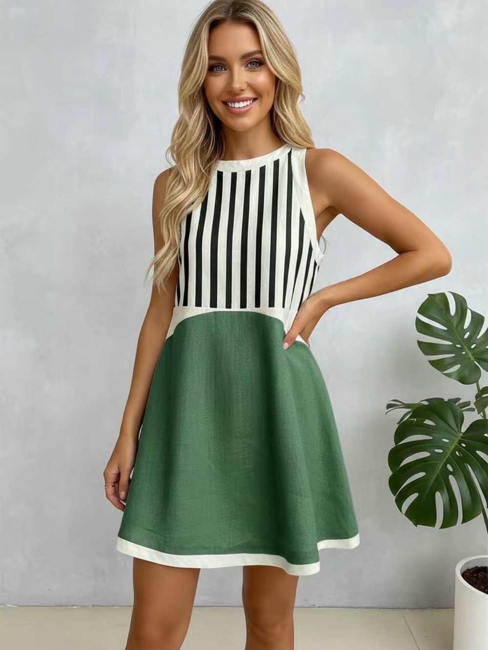 Sleeveless A-Line Mini Dress Pinstripe and Color-Block Design
